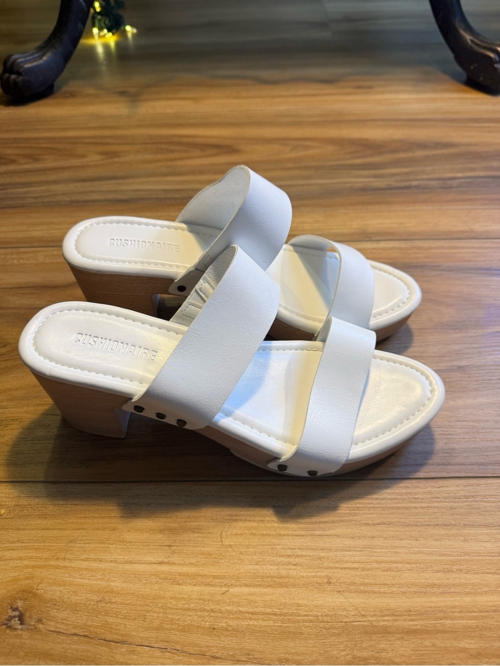 Cushionaire White Double-Strap Medium Height Block Heel Sandals